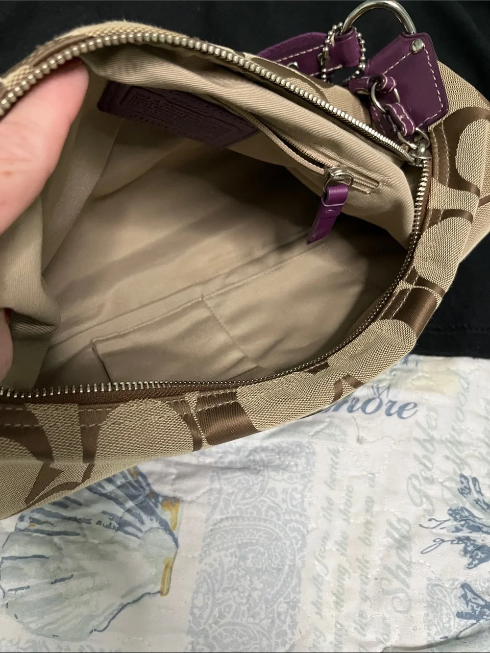 Coach Signature Canvas Shoulder Bag with Purple Trim